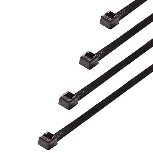 UV Black 175 lb. heavy-duty cable ties, 0.34 inch wide, conforming to UL, CSA, and military standards, suitable for secure bundling in harsh environments.