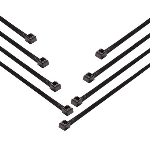 UV Black 40 lb. cable ties made of Nylon 66, meeting UL Type 21S and military specs, with a width of 0.14 inch and thickness of 0.04 inch.