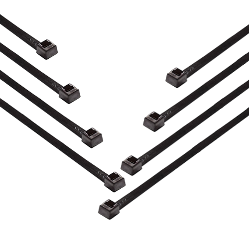 50 lb. UV Black cable ties, 0.18 inch wide, compliant with UL Type 21S and military specifications, suitable for heavy-duty bundling.